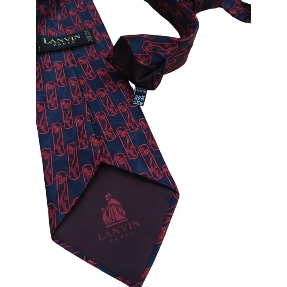 LANVIN Blue Geometric Floral Silk Tie FRANCE 58